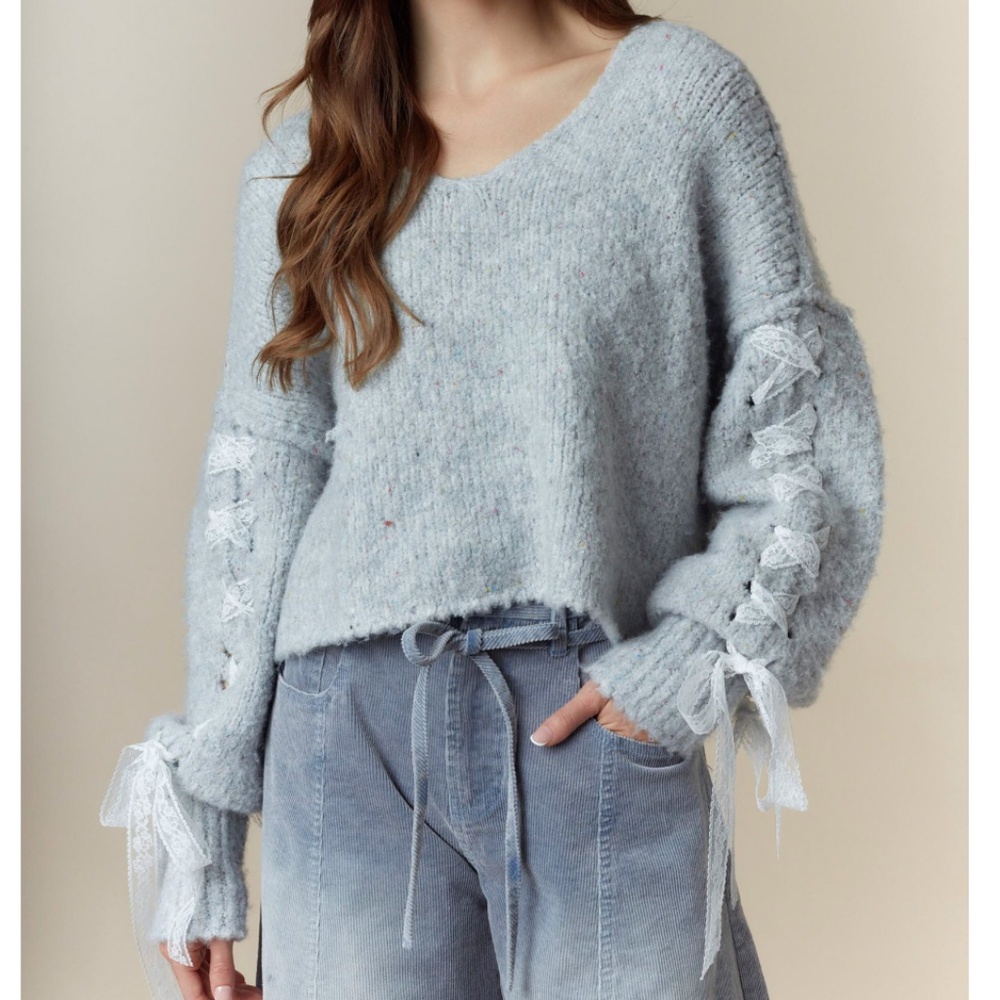 Peach Love California Light Gray V-Neck Sweater